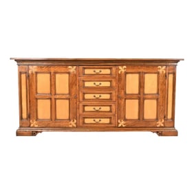 Gruppo Faber Italian Provincial Carved Oak Inlaid Maple Sideboard or Bar Cabinet
