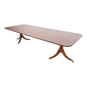 Saybolt Cleland Georgian Banded Mahogany Double Pedestal Extension Dining Table, Newly Refinished