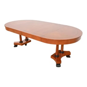 Baker Furniture Neoclassical Cherry Wood Pedestal Extension Dining Table With Ebonized Paw Feet