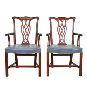 Hickory Chair Georgian Carved Mahogany Leather Upholstered Dining Arm Chairs, Pair