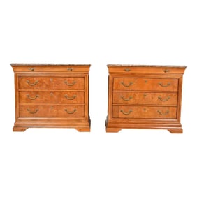 Thomasville French Louis Philippe Burl Wood Marble Top Four-Drawer Dresser Chests, Pair