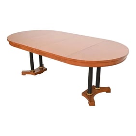 Baker Furniture Neoclassical Cherry Wood and Parcel Ebonized Pedestal Extension Dining Table