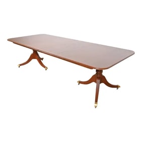 Baker Furniture Georgian Banded Mahogany Double Pedestal Extension Dining Table, Newly Refinished