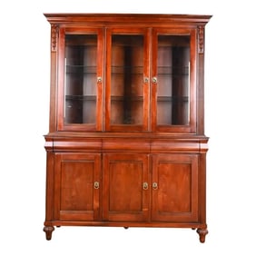 Ethan Allen French Regency Louis XVI Carved Cherry Wood Lighted Breakfront Bookcase