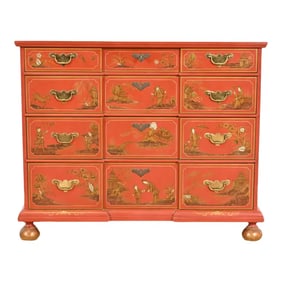 Baker Furniture Hollywood Regency Chinoiserie Red Lacquered Hand Painted Chest of Drawers