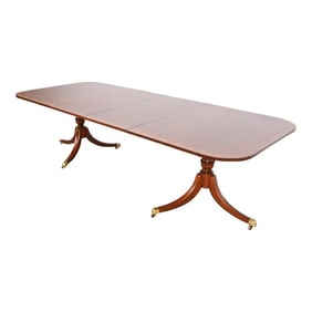 Baker Furniture Style Georgian Banded Mahogany Double Pedestal Extension Dining Table