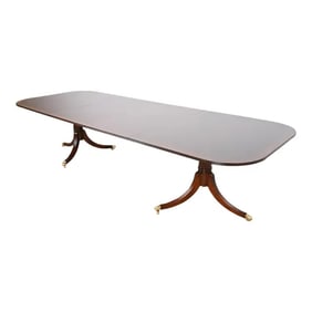 Baker Furniture Style Georgian Banded Mahogany Double Pedestal Extension Dining Table