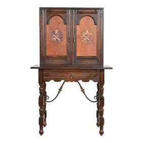 Baker Furniture Spanish Colonial Carved Oak Leather Front Bookcase or Bar Cabinet, Circa 1900