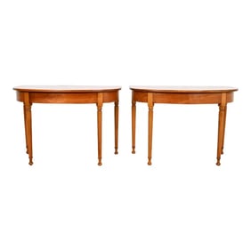 Stickley American Colonial Carved Cherry Wood Demilune Console Tables or Entry Tables, Circa 1960s