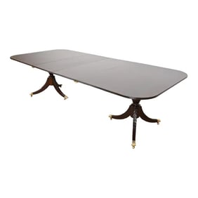 Baker Furniture Style Georgian Banded Mahogany Double Pedestal Extension Dining Table