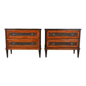 Baker Furniture Italian Regency Louis XVI Cherry and Burl Wood Commodes or Chests of Drawers, Pair