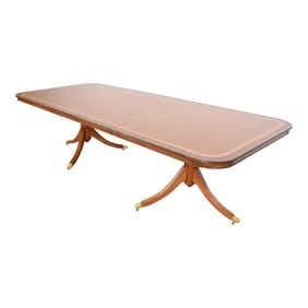 Baker Furniture Style English Georgian Banded Cherry Wood Double Pedestal Extension Dining Table