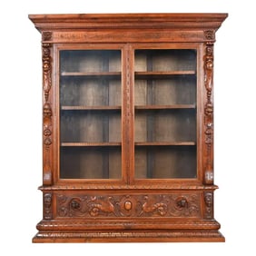 Antique French Renaissance Ornate Carved Walnut Bookcase Cabinet, Circa 1900