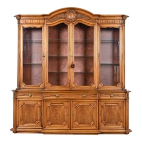 Karges French Regency Louis XVI Burled Walnut Lighted Breakfront Bookcase Cabinet, Circa 1960s