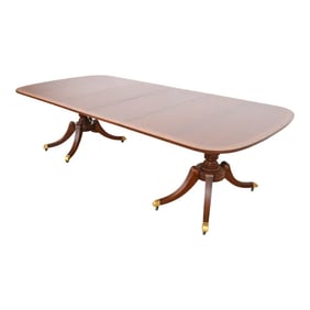 Baker Furniture Georgian Banded Mahogany Double Pedestal Extension Dining Table, Newly Refinished