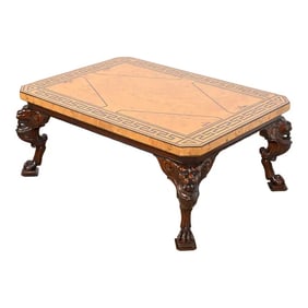 Baker Furniture Neoclassical Cocktail Table With Burl Wood Greek Key Top and Carved Mahogany