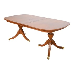 Flint & Horner Georgian Burled Walnut Double Pedestal Extension Dining Table, Newly Refinished