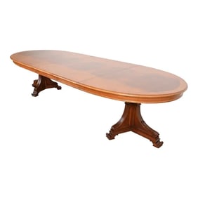 Karges Italian Provincial Burled Walnut Double Pedestal Extension Dining Table, Newly Refinished