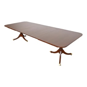 Kindel Furniture Georgian Banded Mahogany Double Pedestal Extension Dining Table, Newly Refinished