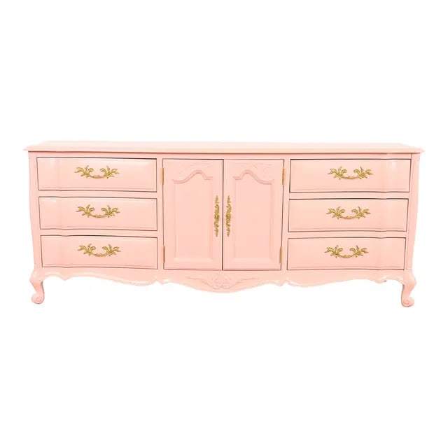White Furniture French Provincial Louis XV Pink Lacquered Triple Dresser, Newly Refinished: A gorgeous French Provincial Louis XV style long dresser or credenza By White Furniture USA, Circa 1960s Pink lacquered solid cherry wood, with original brass hardware. Measures: 82"W x 21.5"D x 32.75