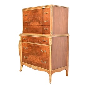 Antique French Provincial Louis XV Burled Walnut and Parcel Painted Highboy Dresser, Circa 1920s