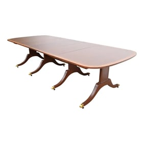 Baker Furniture Georgian Banded Mahogany Pedestal Extension Dining Table, Newly Refinished
