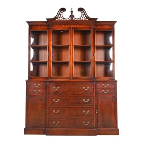 Baker Furniture Style Georgian Flame Mahogany Bubble Glass Breakfront Bookcase Cabinet With Drop