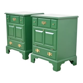 Henkel Harris American Colonial Green Lacquered Solid Cherry Wood Bedside Chests, Pair