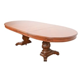 Karges Italian Provincial Carved Walnut Pedestal Extension Dining Table, Newly Refinished