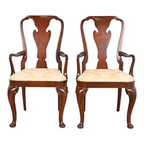Baker Furniture Historic Charleston Queen Anne Carved Mahogany Dining Armchairs, Pair