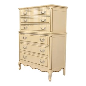French Provincial Louis XV Cream Lacquered and Gold Gilt Highboy Dresser