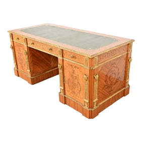 French Regency Louis XVI Kingwood Inlaid Marquetry Ormolu-Mounted Leather Top Executive Desk