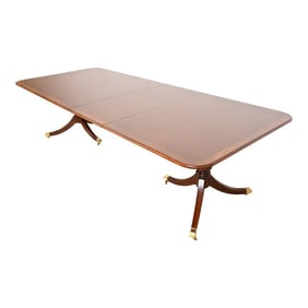 Drexel Heritage Georgian Banded Mahogany Double Pedestal Extension Dining Table, Newly Refinished