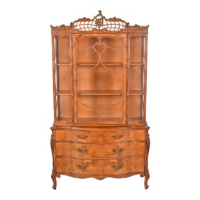 Romweber French Provincial Louis XV Burl Wood Breakfront Bookcase Cabinet, Circa 1920s