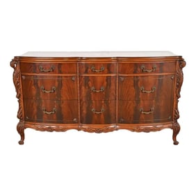 Romweber French Louis XV Flame Mahogany Dresser With Carved Swan Heads, Circa 1930s