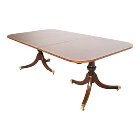 Baker Furniture Style Georgian Banded Mahogany Double Pedestal Extension Dining Table