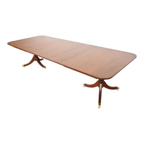 Kindel Furniture Georgian Banded Mahogany Double Pedestal Extension Dining Table, Newly Refinished