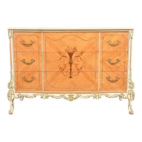 Romweber French Rococo Louis XV Satinwood Inlaid Marquetry and Parcel Painted Dresser, Circa 1930s