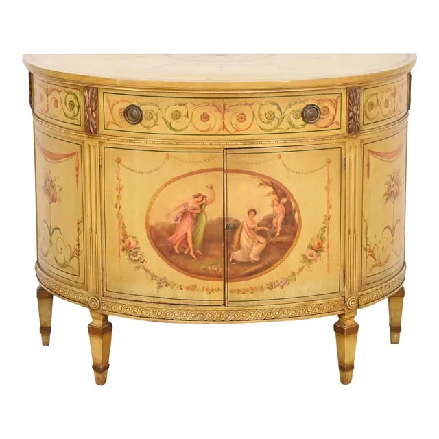 Italian Neoclassical Hand Painted Demilune Console or Bar Cabinet: A gorgeous Neoclassical or Louis XVI style demilune console or bar cabinet Italy, Circa 1940s Hand painted case and top, featuring allegorical scenes, with original brass hardware. Measures: 44.5"W x