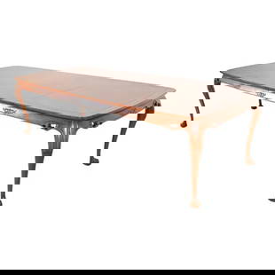 Drexel Heritage Hollywood Regency Chinoiserie Walnut Extension Dining Table, Newly Refinished: An exceptional mid-century modern Hollywood Regency Chinoiserie extension dining table By Drexel Heritage USA, Circa 1970s Gorgeous book-matched inlaid walnut top, with solid walnut base featuring car