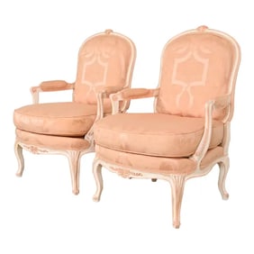 French Provincial Louis XV Carved Painted Walnut Fauteuils, Pair