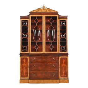 Romweber French Neoclassical Mahogany and Burl Wood Bubble Glass Breakfront Bookcase Cabinet