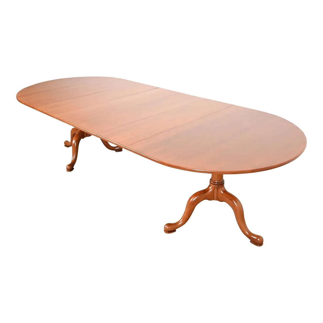 Henkel Harris Georgian Solid Cherry Wood Double Pedestal Extension Dining Table, Newly Refinished: An exceptional Georgian or Queen Anne style solid cherry wood double pedestal extension dining table By Henkel Harris USA, 1969 Measures: 66"W x 48"D x 30"H. Extends up to 114"W with four 12" leaves.