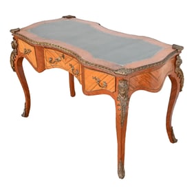 French Louis XV Kingwood Bureau Plat Leather Top Desk With Mounted Bronze Ormolu