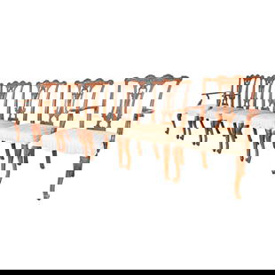 Romweber French Provincial Louis XV Burl Wood Dining Chairs, Set of Six: A stylish set of six French Provincial Louis XV style dining chairs By Romweber USA, Circa 1920s Beautiful carved exotic burled acacia wood, with upholstered seats. Measures: Side chairs - 22.5"W x 22