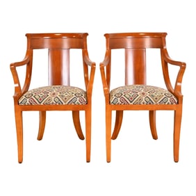 Baker Furniture Regency Solid Cherry Wood Arm Chairs, Pair