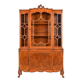 Romweber French Provincial Louis XV Burl Wood Breakfront Bookcase Cabinet, Circa 1920s