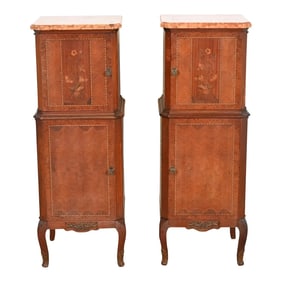 French Louis XV Kingwood Inlaid Marquetry Marble Top Lingerie Chests, Pair