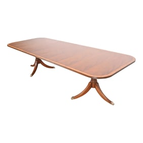 Ethan Allen Georgian Banded Flame Mahogany Double Pedestal Extension Dining Table