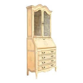 Maddox French Provincial Louis XV Hand Painted Secretary Desk With Mirrored Bookcase Hutch Top